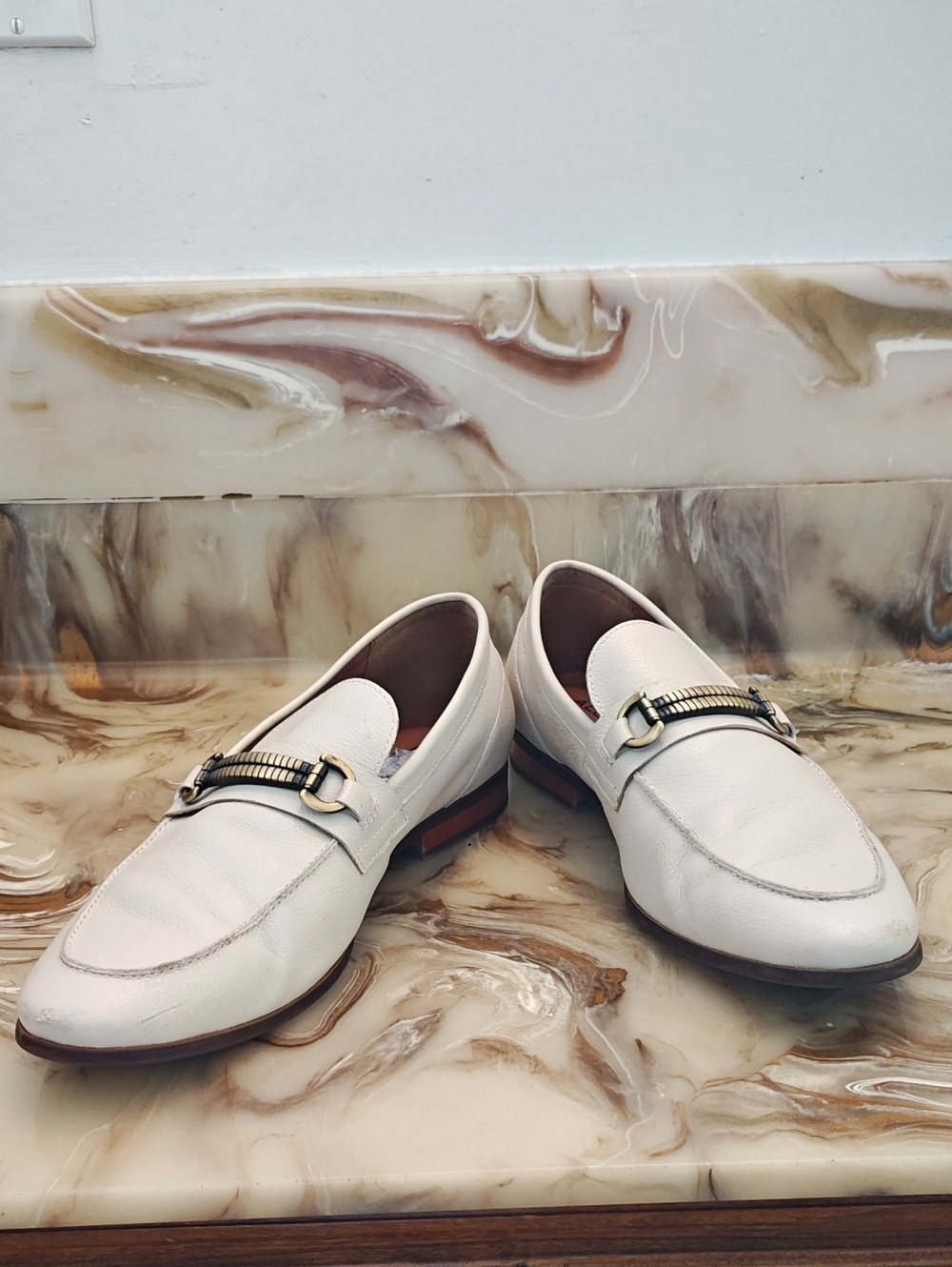 Aldo White Leather Slip-On Loafers with Gold-Toned Bit